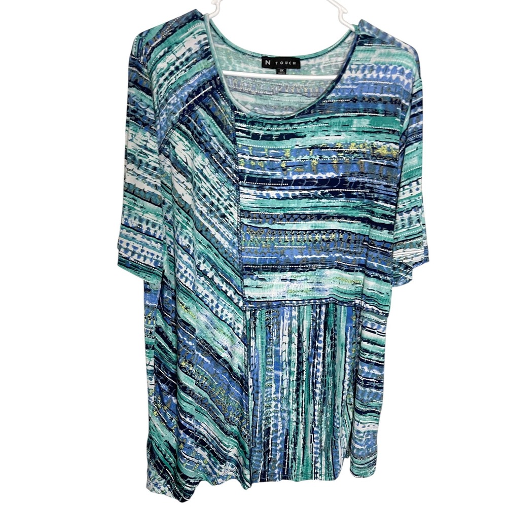 N Touch 1X Blue Teal Striped Short Sleeve Blouse Boho Coastal Art Wear